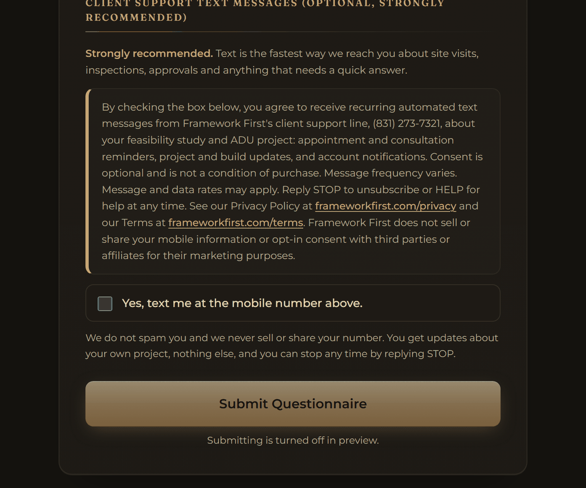 The Feasibility Study Questionnaire showing the Client Support Text Messages disclosure and the unchecked consent checkbox labeled Yes, text me at the mobile number above.